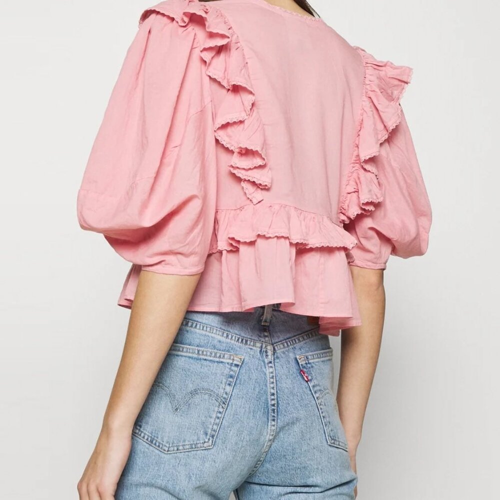 FARM Rio Blush Pink Puff Sleeve V-Neck Blouse - Picture 2 of 14